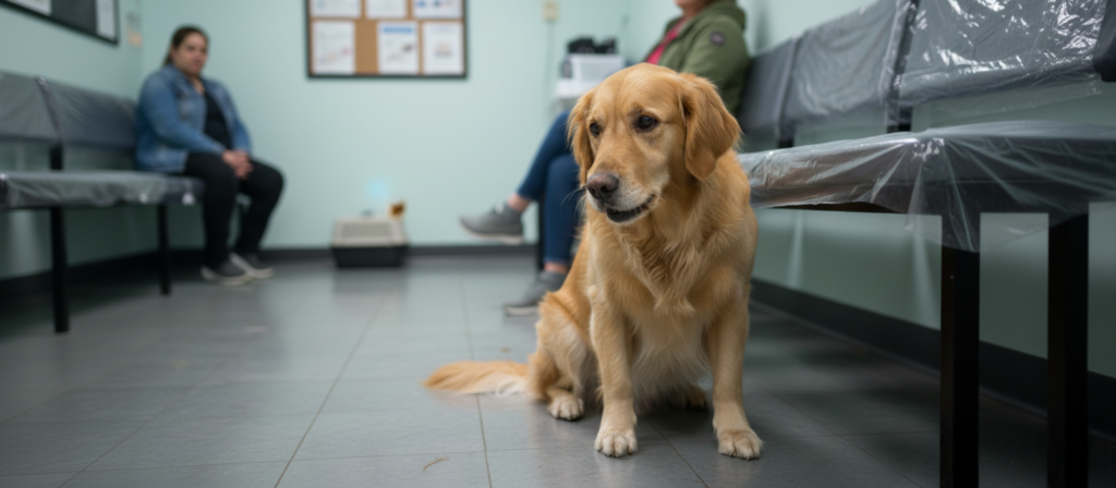 An anxious dog yawning nervously in a vet clinic waiting room.